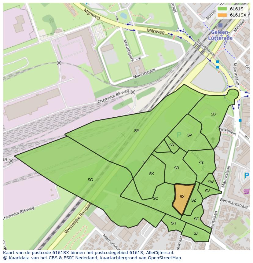 Afbeelding van het postcodegebied 6161 SX op de kaart.