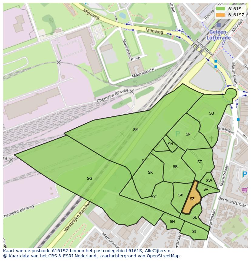 Afbeelding van het postcodegebied 6161 SZ op de kaart.