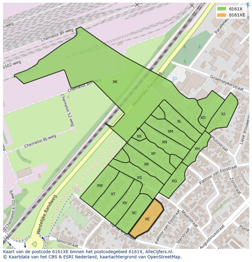 Afbeelding van het postcodegebied 6161 XE op de kaart.