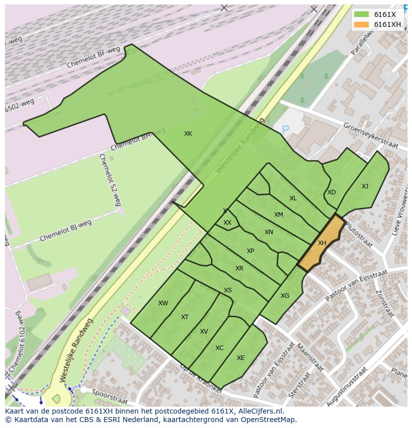 Afbeelding van het postcodegebied 6161 XH op de kaart.