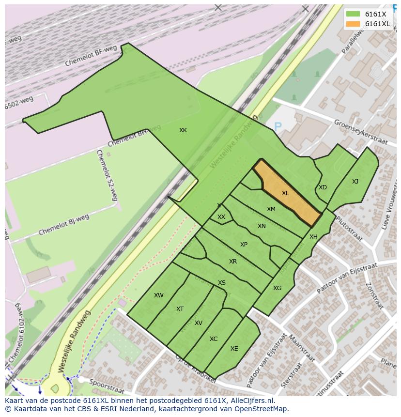 Afbeelding van het postcodegebied 6161 XL op de kaart.