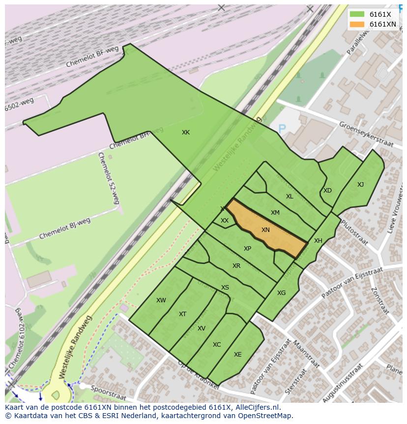 Afbeelding van het postcodegebied 6161 XN op de kaart.