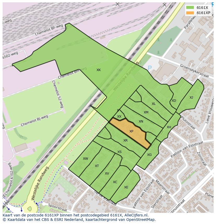 Afbeelding van het postcodegebied 6161 XP op de kaart.