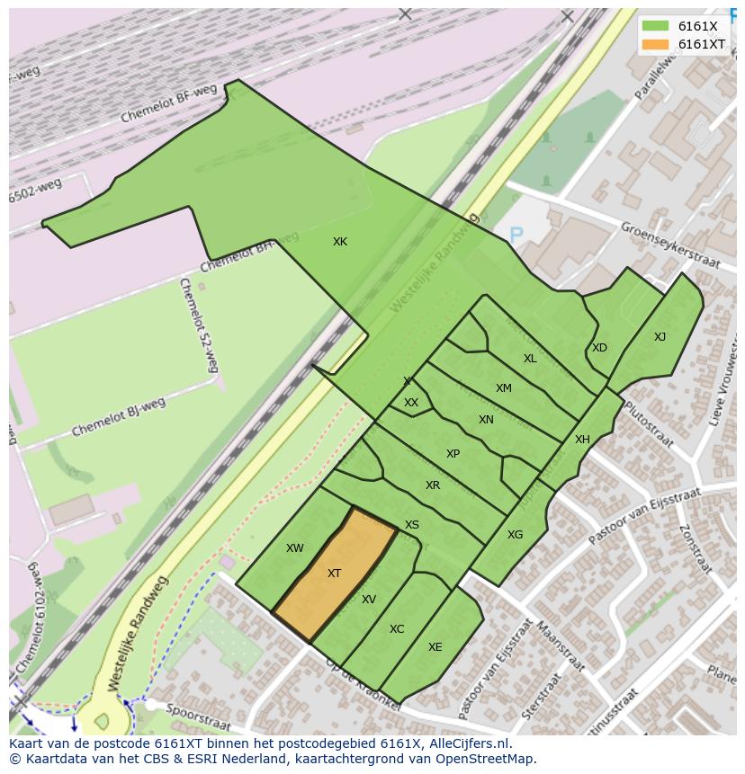 Afbeelding van het postcodegebied 6161 XT op de kaart.