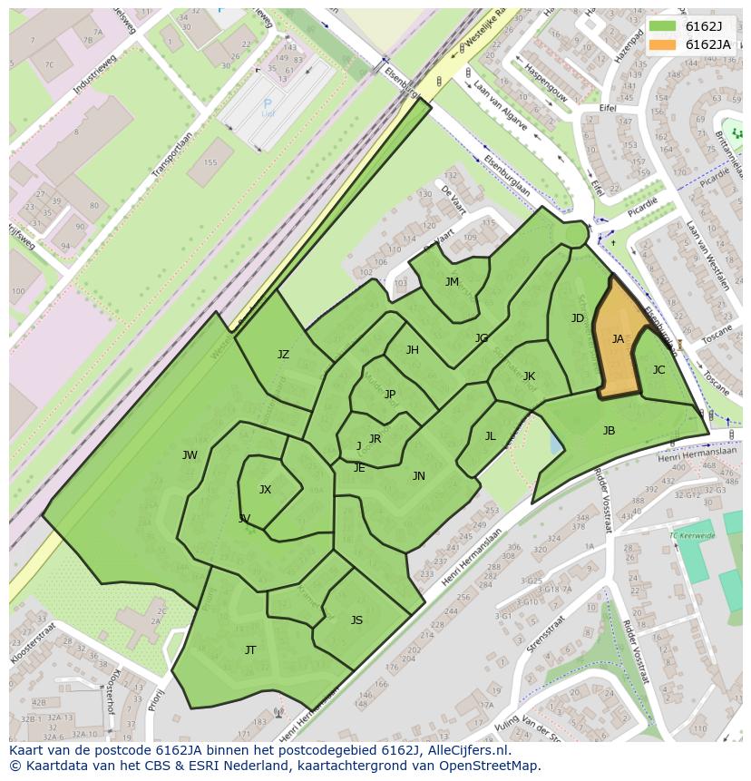 Afbeelding van het postcodegebied 6162 JA op de kaart.