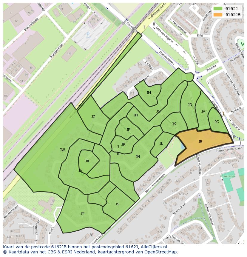 Afbeelding van het postcodegebied 6162 JB op de kaart.