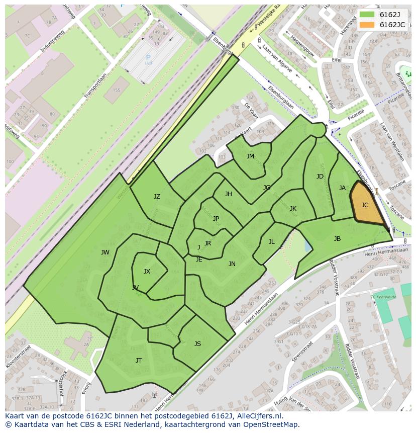 Afbeelding van het postcodegebied 6162 JC op de kaart.