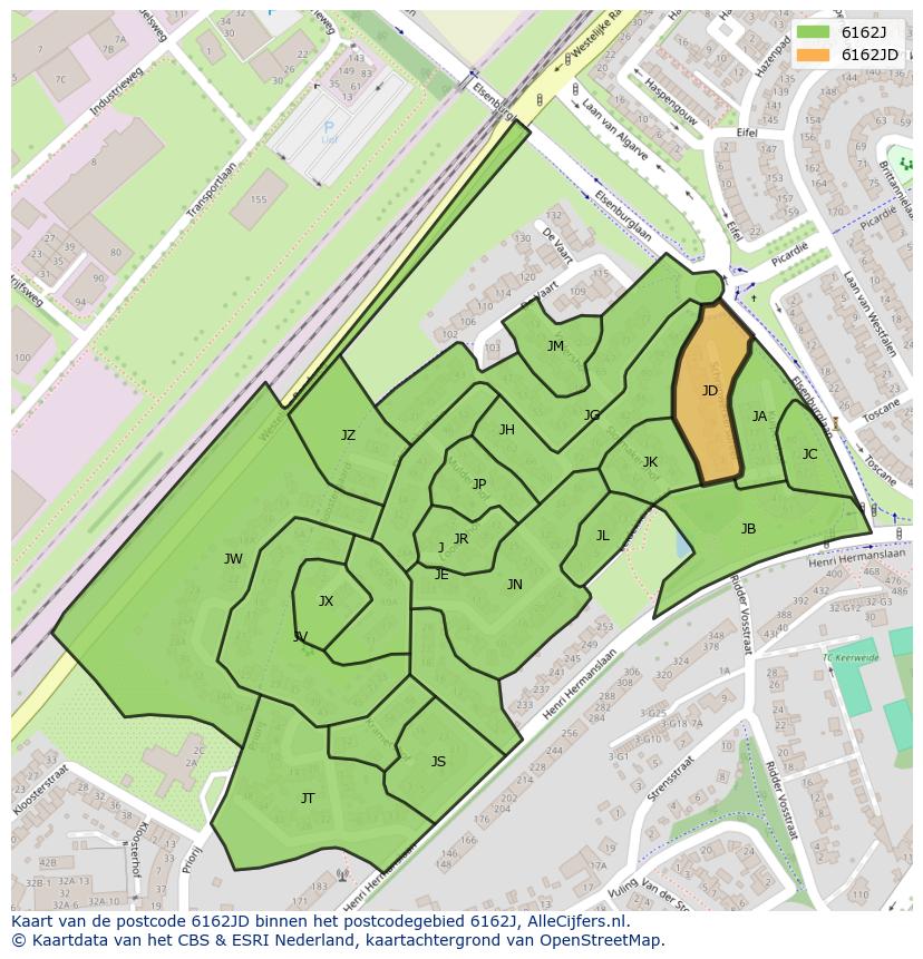 Afbeelding van het postcodegebied 6162 JD op de kaart.