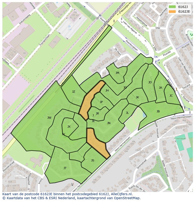 Afbeelding van het postcodegebied 6162 JE op de kaart.