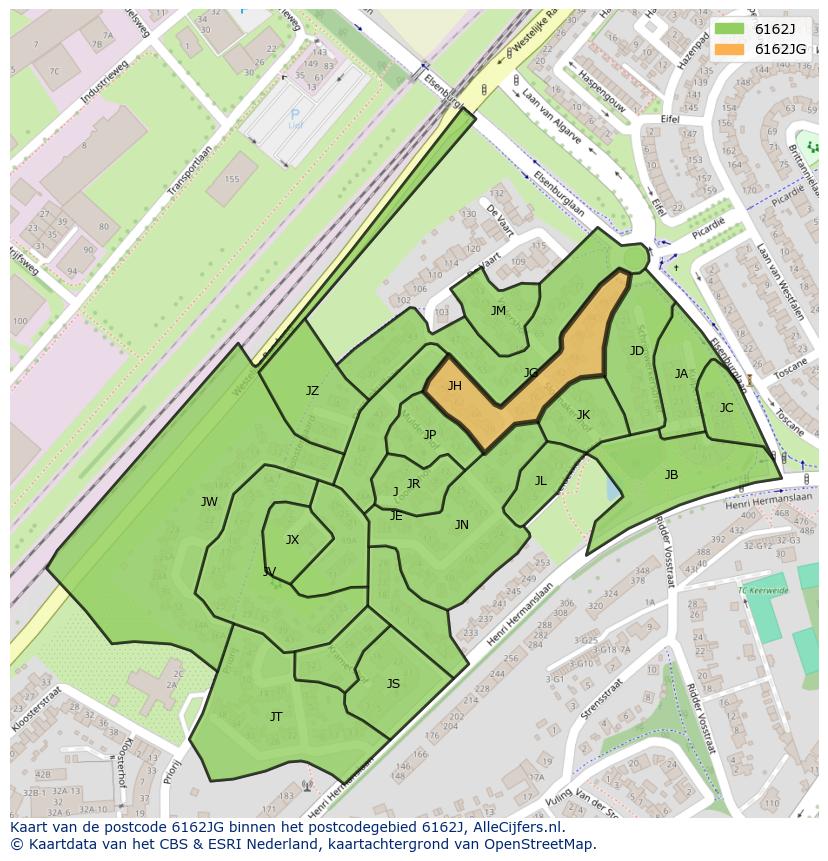 Afbeelding van het postcodegebied 6162 JG op de kaart.