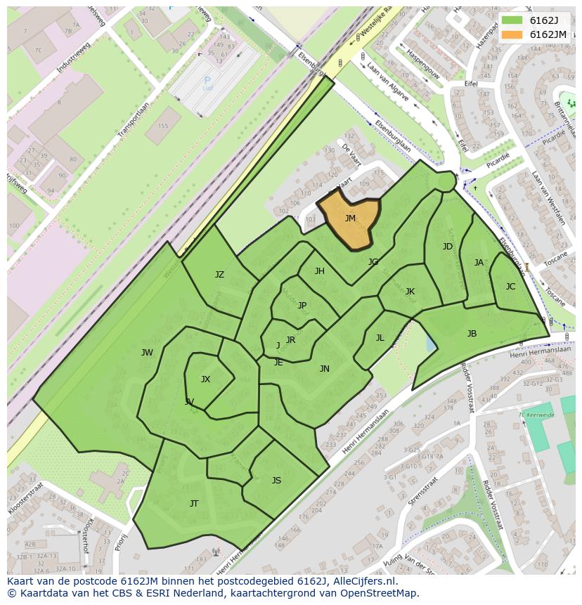 Afbeelding van het postcodegebied 6162 JM op de kaart.