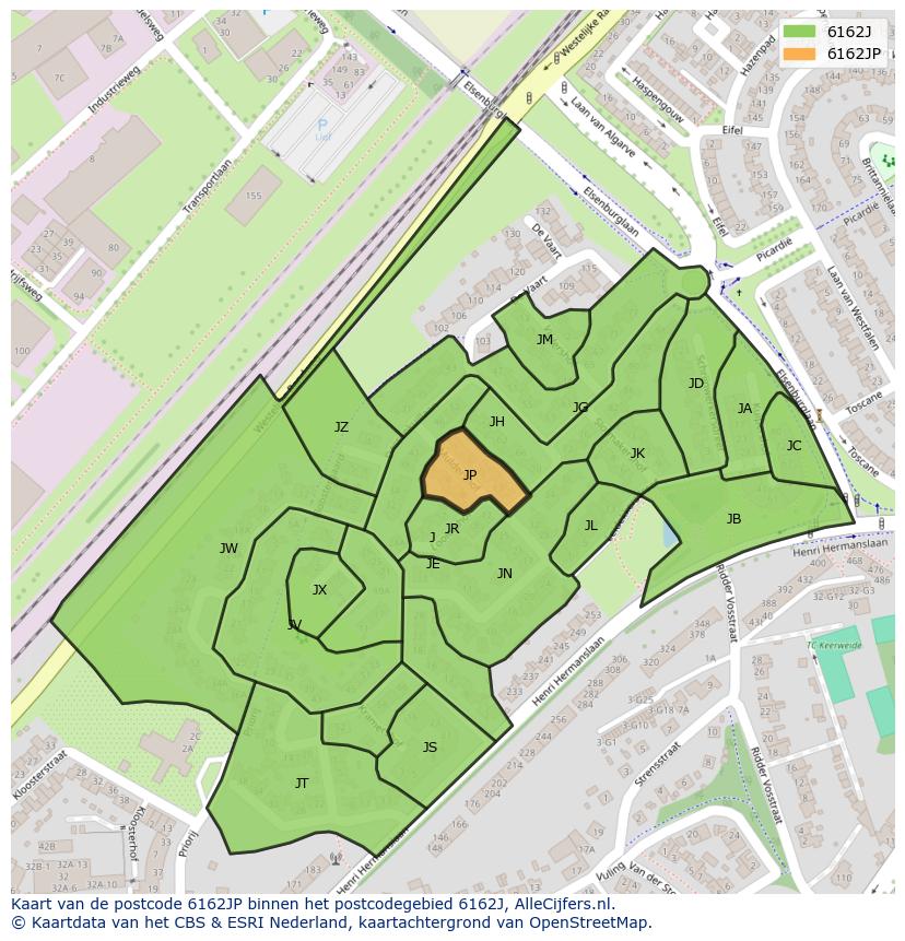 Afbeelding van het postcodegebied 6162 JP op de kaart.