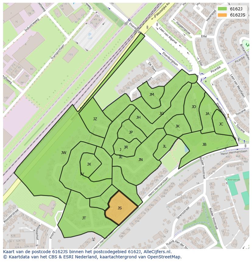 Afbeelding van het postcodegebied 6162 JS op de kaart.