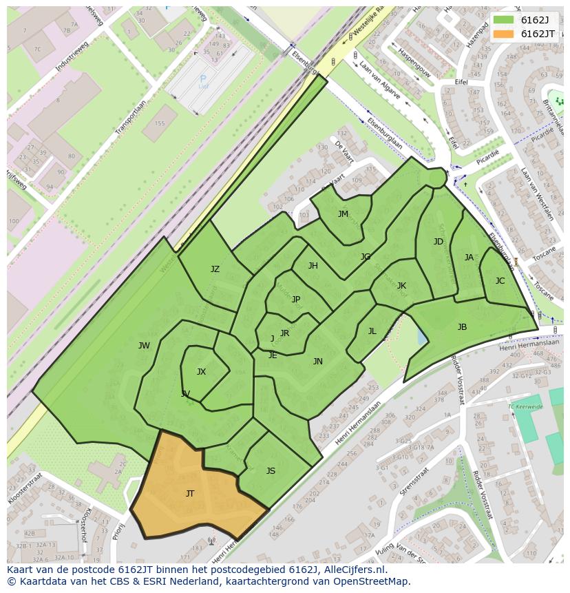 Afbeelding van het postcodegebied 6162 JT op de kaart.