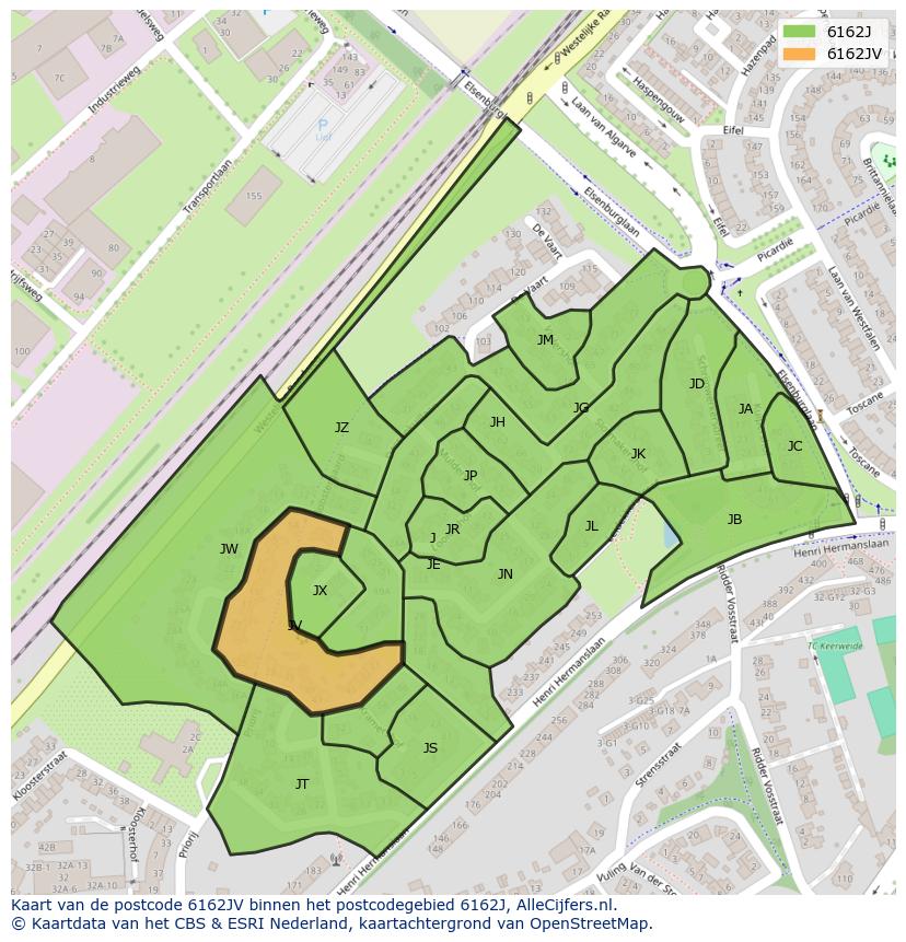 Afbeelding van het postcodegebied 6162 JV op de kaart.
