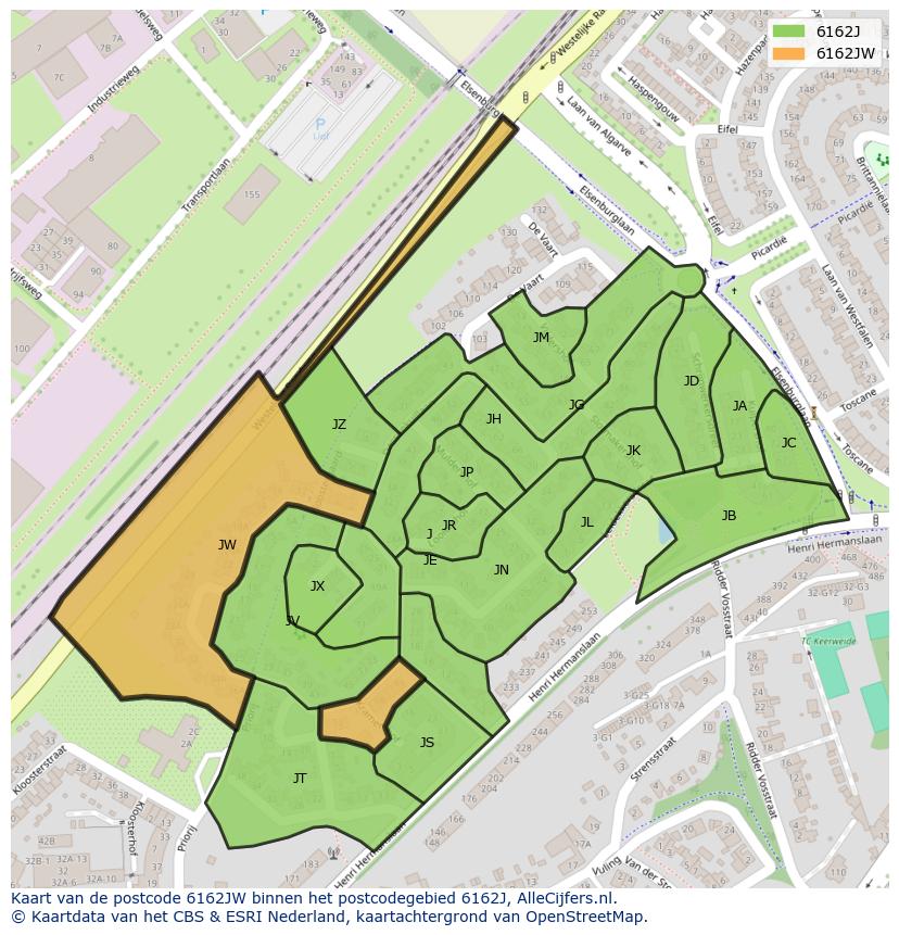 Afbeelding van het postcodegebied 6162 JW op de kaart.