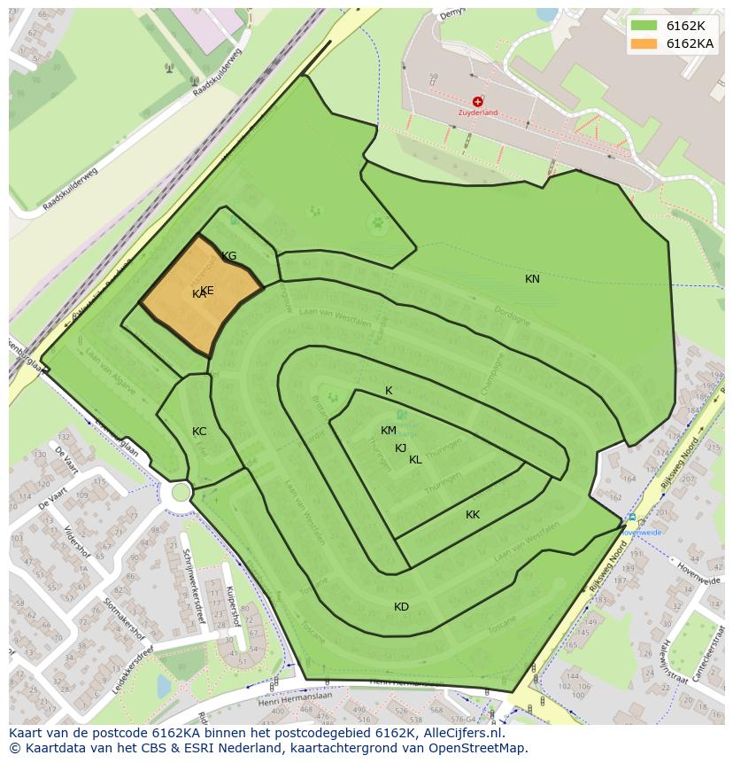 Afbeelding van het postcodegebied 6162 KA op de kaart.