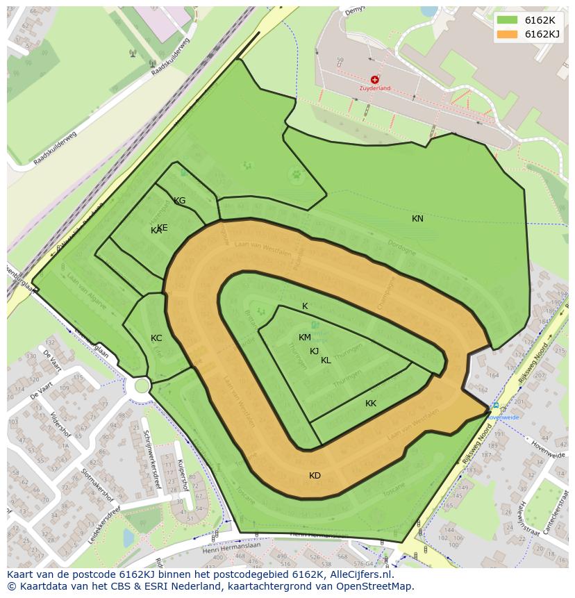Afbeelding van het postcodegebied 6162 KJ op de kaart.