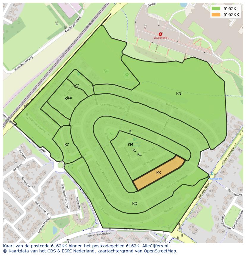 Afbeelding van het postcodegebied 6162 KK op de kaart.