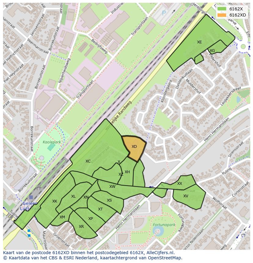 Afbeelding van het postcodegebied 6162 XD op de kaart.