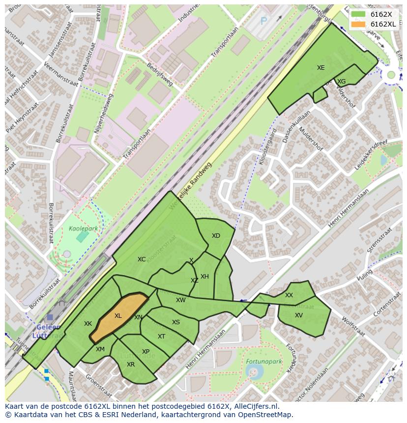 Afbeelding van het postcodegebied 6162 XL op de kaart.