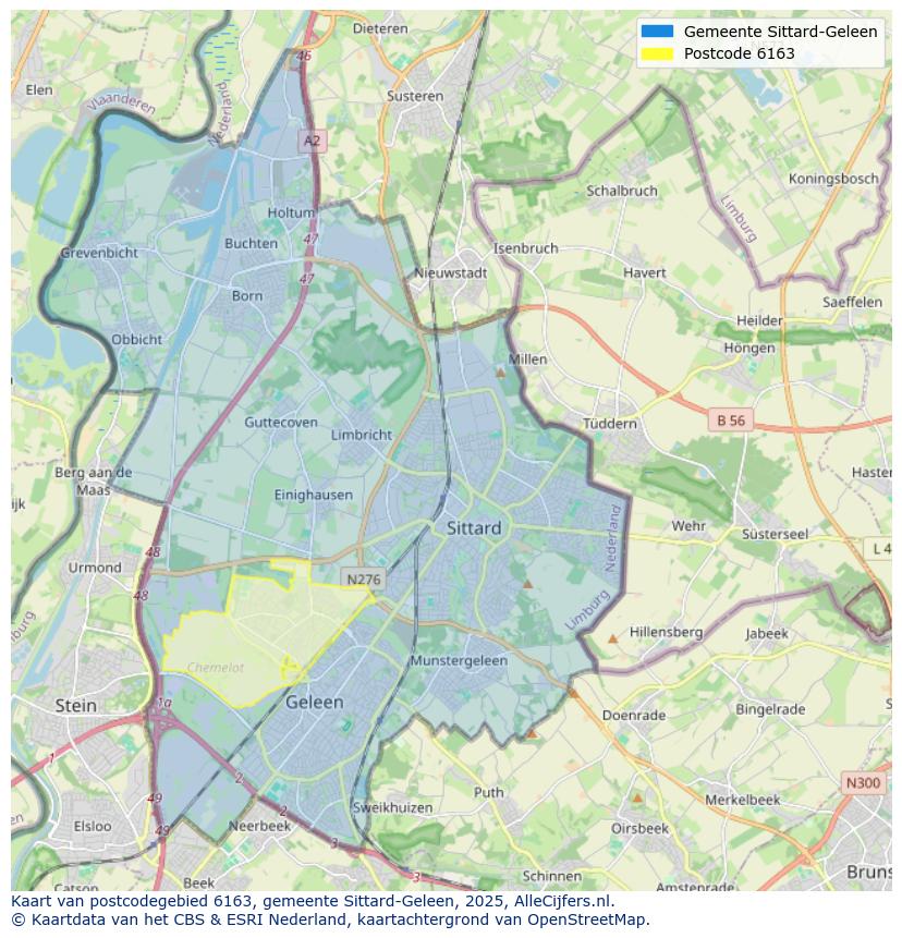 Afbeelding van het postcodegebied 6163 op de kaart.