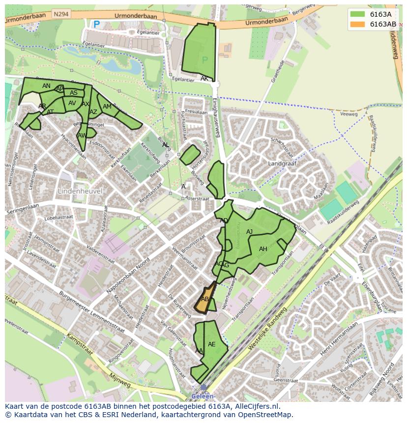 Afbeelding van het postcodegebied 6163 AB op de kaart.