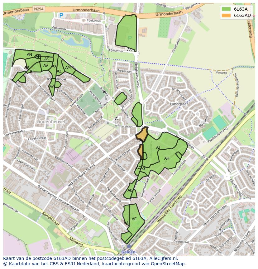 Afbeelding van het postcodegebied 6163 AD op de kaart.