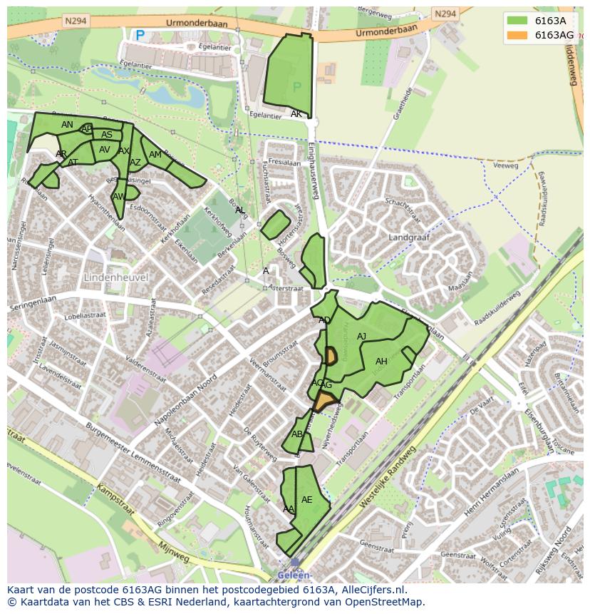 Afbeelding van het postcodegebied 6163 AG op de kaart.