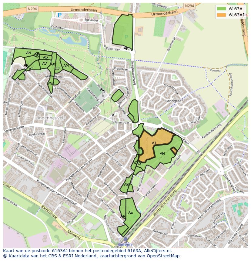 Afbeelding van het postcodegebied 6163 AJ op de kaart.