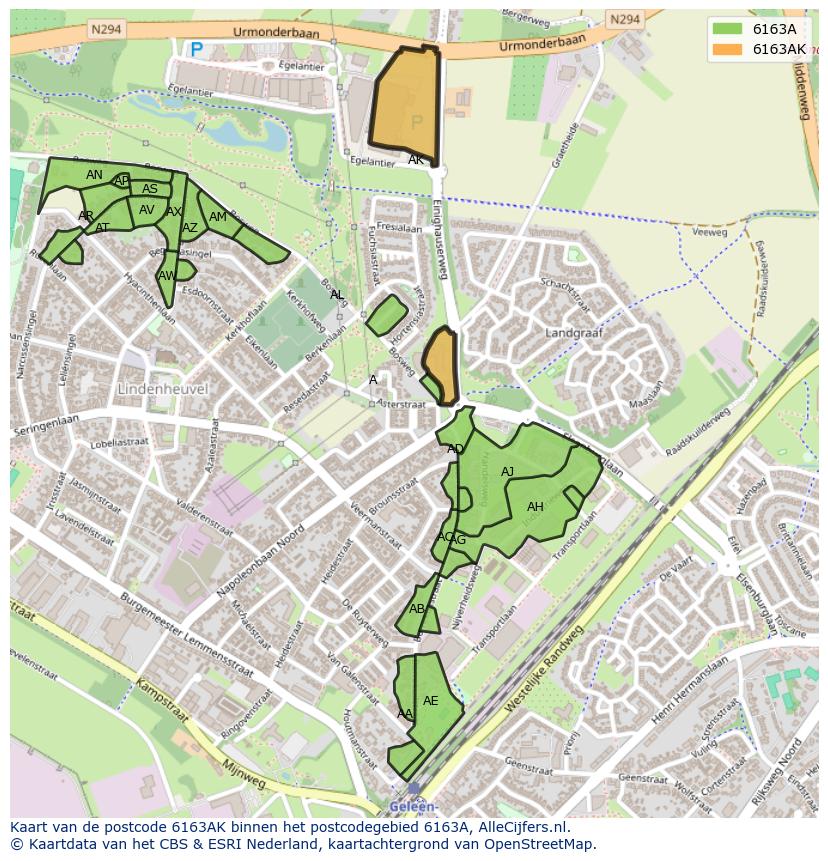 Afbeelding van het postcodegebied 6163 AK op de kaart.