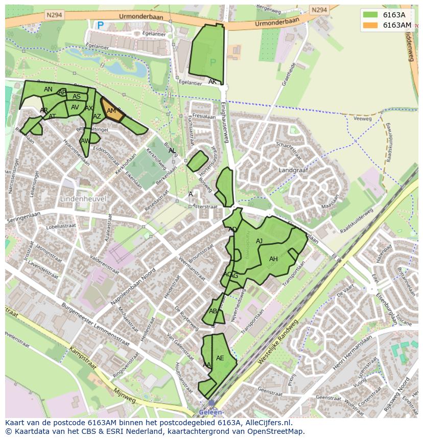 Afbeelding van het postcodegebied 6163 AM op de kaart.