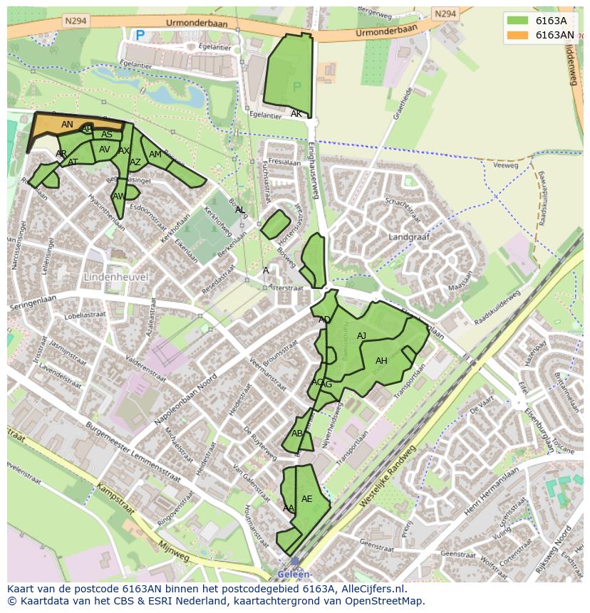Afbeelding van het postcodegebied 6163 AN op de kaart.