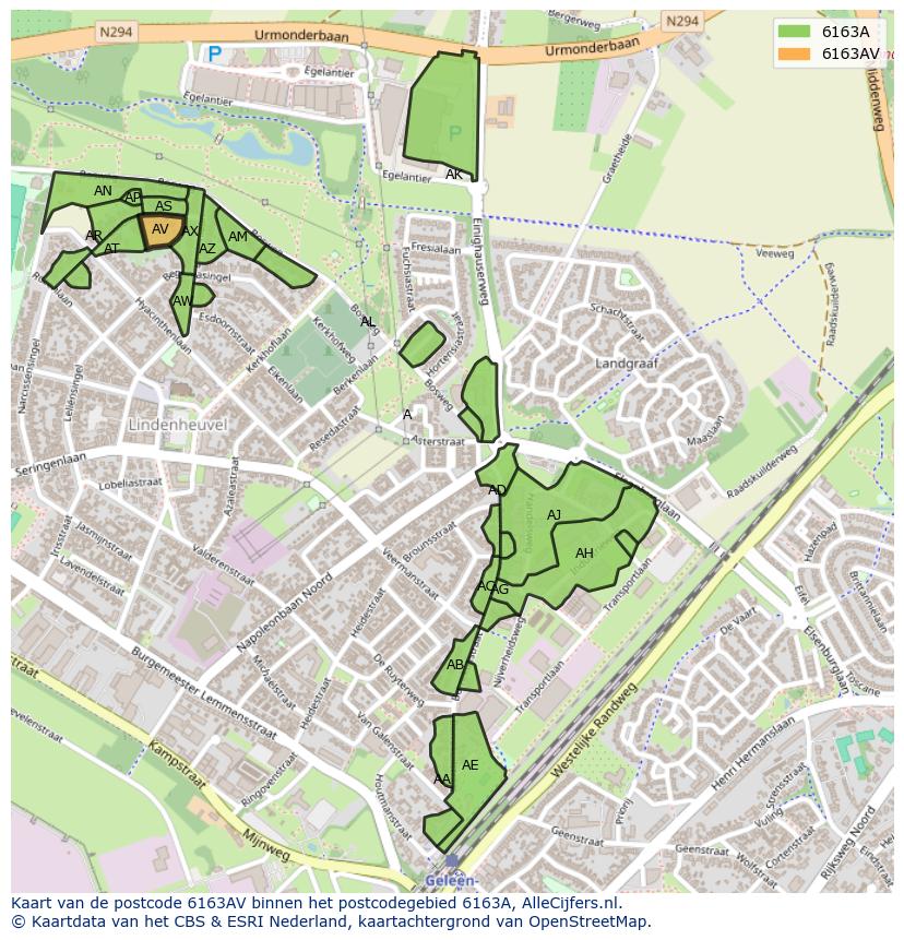 Afbeelding van het postcodegebied 6163 AV op de kaart.