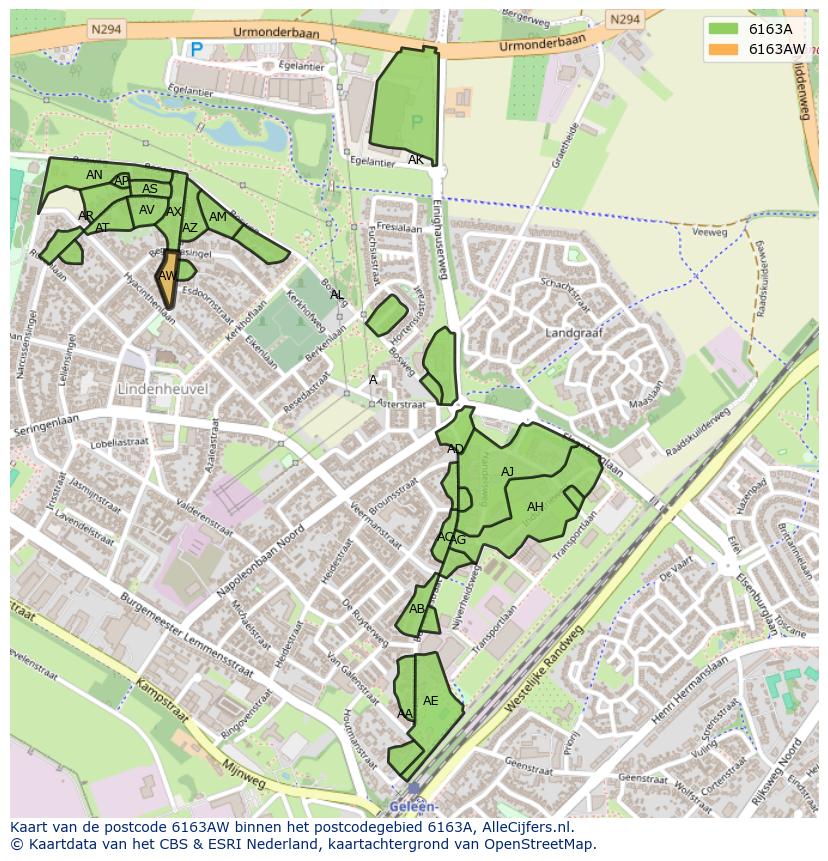 Afbeelding van het postcodegebied 6163 AW op de kaart.