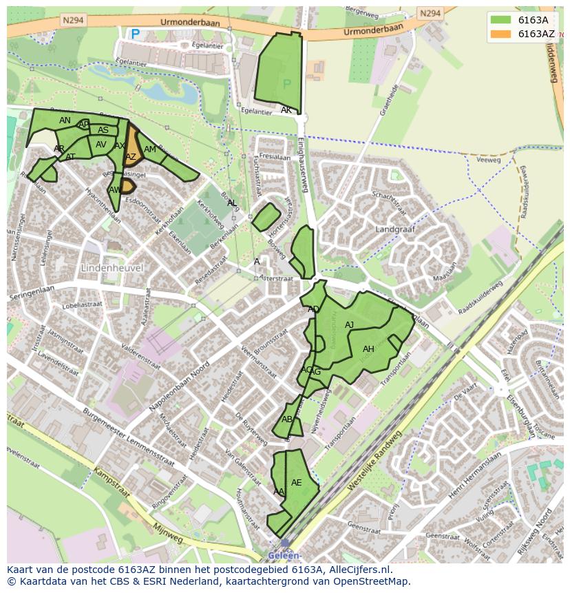 Afbeelding van het postcodegebied 6163 AZ op de kaart.