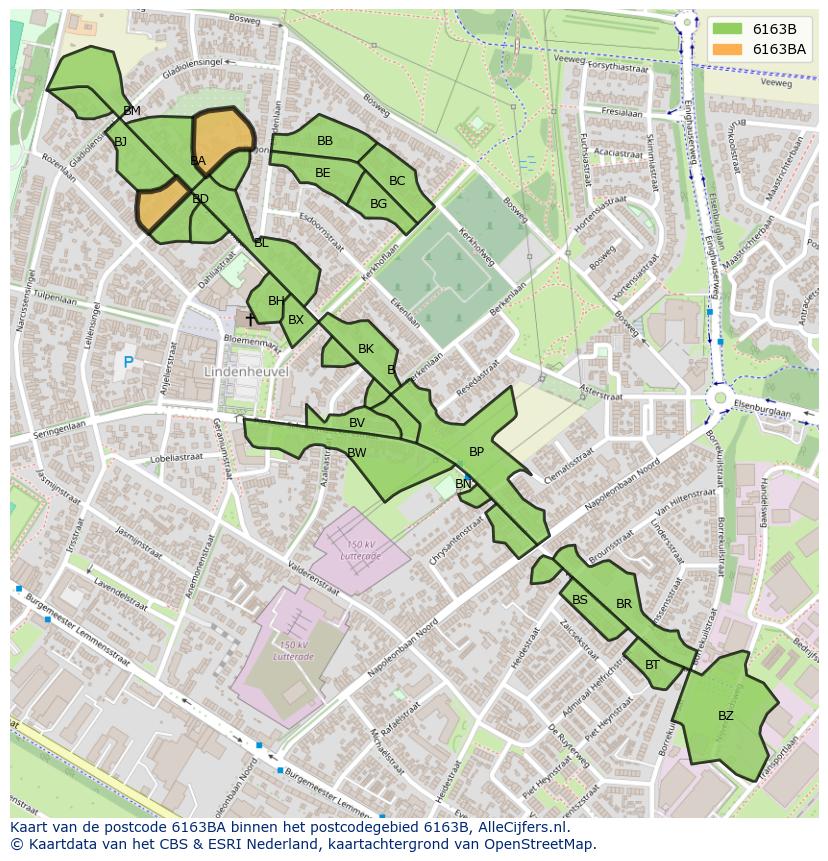 Afbeelding van het postcodegebied 6163 BA op de kaart.