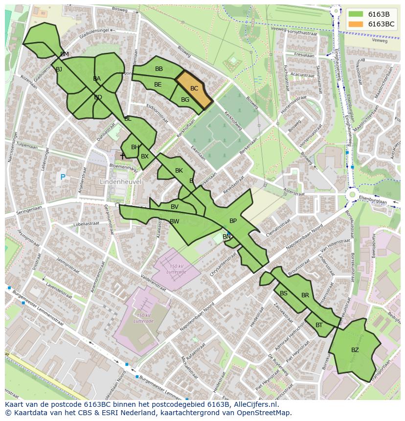Afbeelding van het postcodegebied 6163 BC op de kaart.