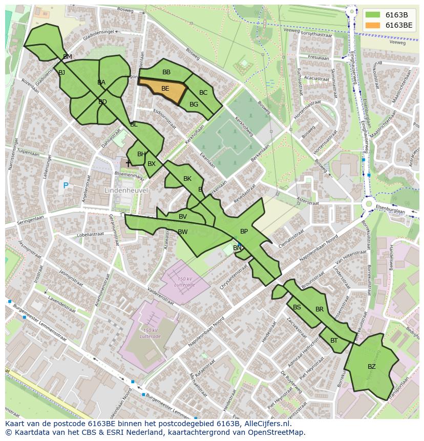 Afbeelding van het postcodegebied 6163 BE op de kaart.