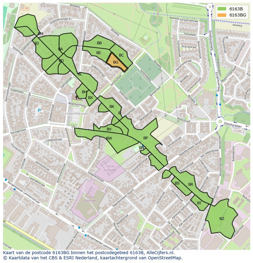Afbeelding van het postcodegebied 6163 BG op de kaart.