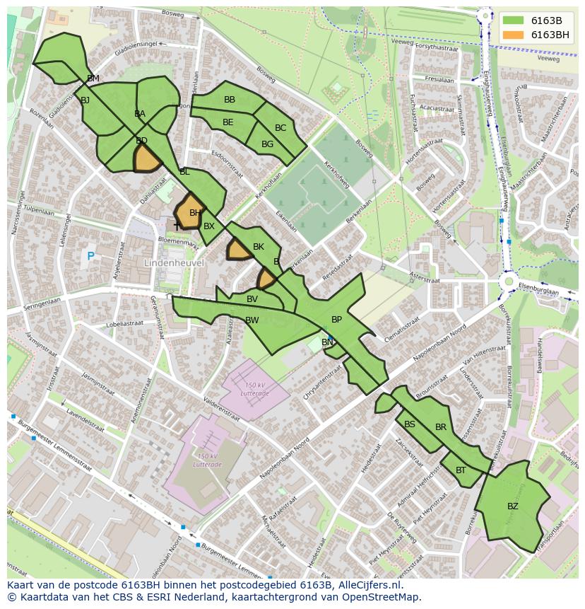 Afbeelding van het postcodegebied 6163 BH op de kaart.