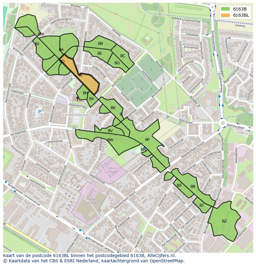 Afbeelding van het postcodegebied 6163 BL op de kaart.
