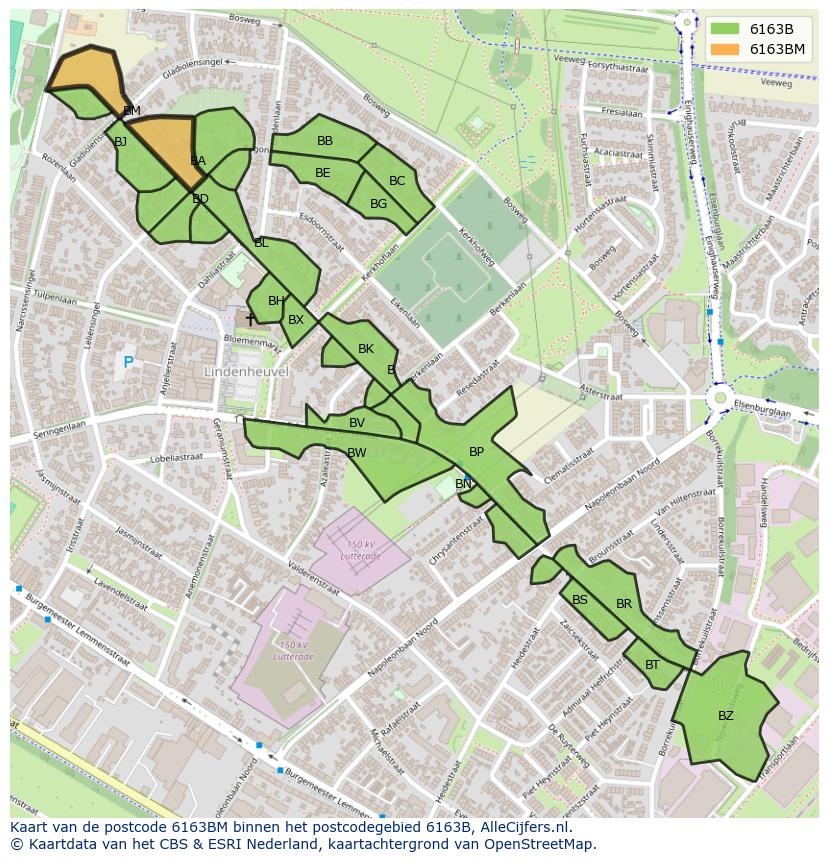 Afbeelding van het postcodegebied 6163 BM op de kaart.