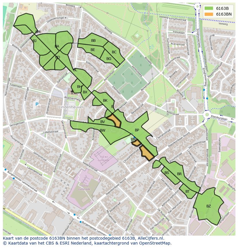 Afbeelding van het postcodegebied 6163 BN op de kaart.