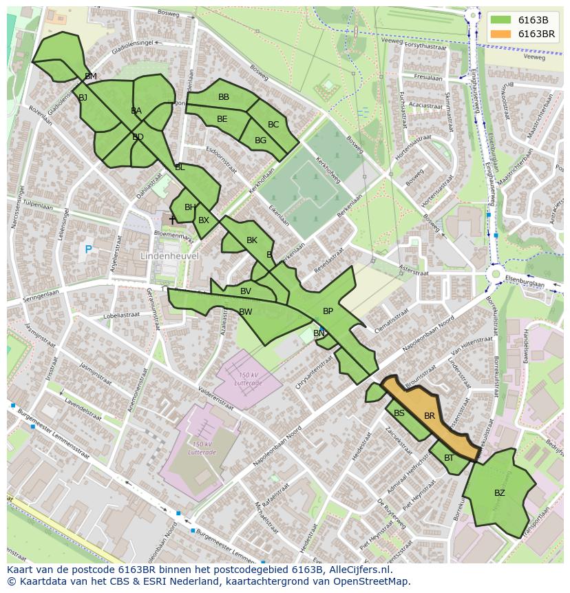 Afbeelding van het postcodegebied 6163 BR op de kaart.