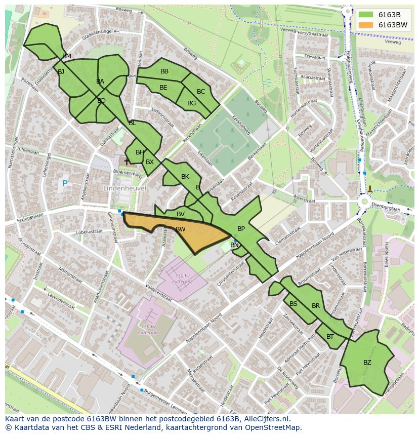 Afbeelding van het postcodegebied 6163 BW op de kaart.