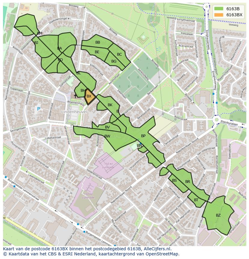 Afbeelding van het postcodegebied 6163 BX op de kaart.