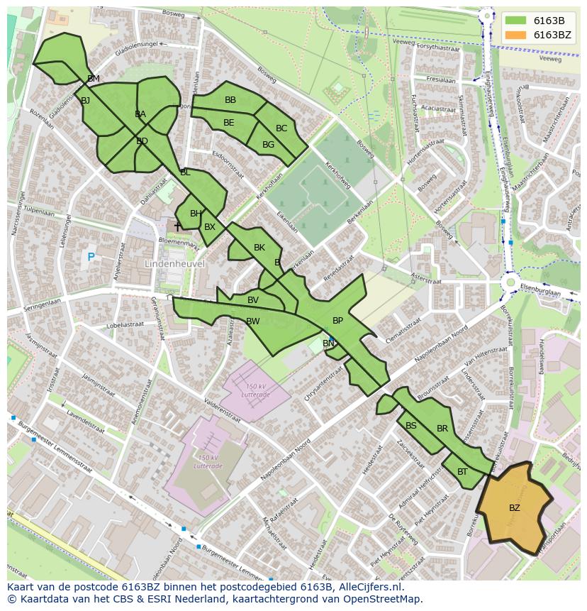 Afbeelding van het postcodegebied 6163 BZ op de kaart.