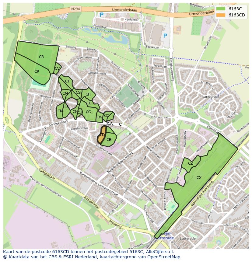 Afbeelding van het postcodegebied 6163 CD op de kaart.