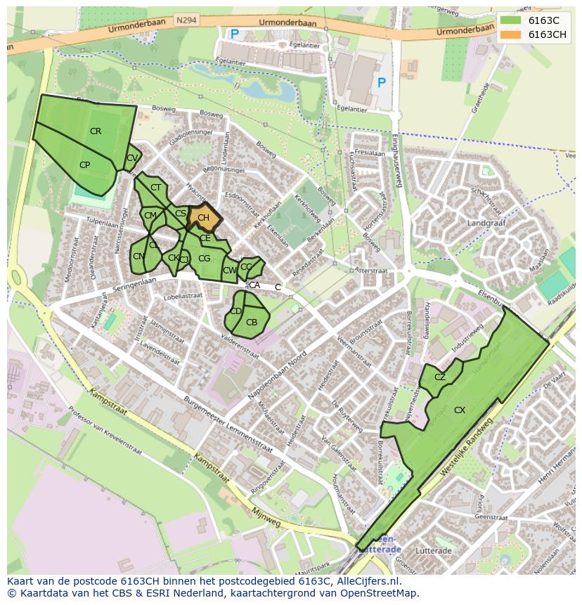 Afbeelding van het postcodegebied 6163 CH op de kaart.
